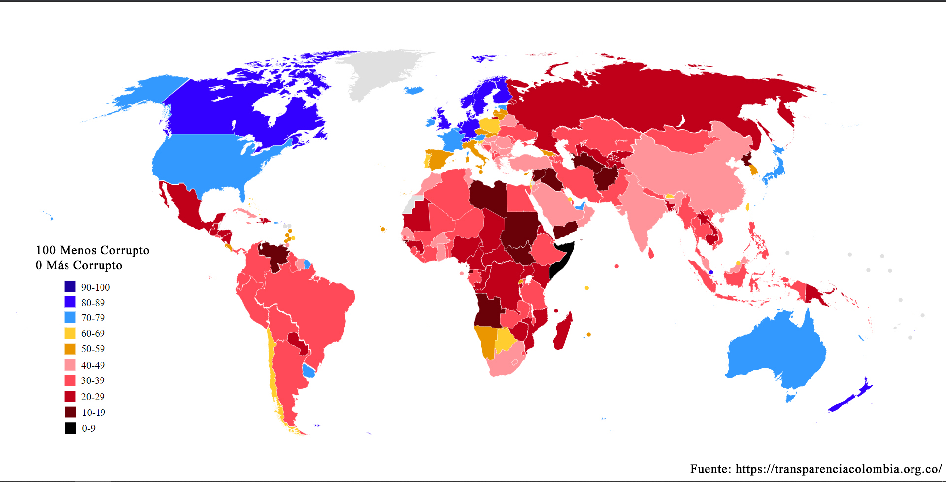 Mapa del Barómetro Mundial de la Corrupción realizado por Transparencia Internacional
